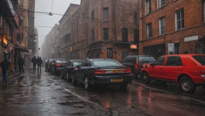 outdoors,multiple boys,sky,cloud,no humans,cloudy sky,ground vehicle,building,scenery,motor vehicle,rain,6+boys,city,sign,car,road,vehicle focus,police,power lines,lamppost,street,puddle,grey sky,sports car,truck,people,day,window,walking,realistic,vanishing point