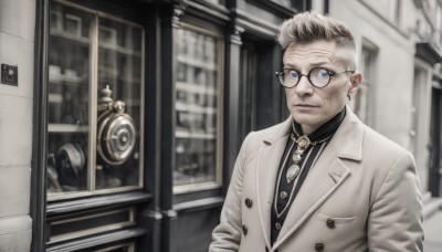 solo,looking at viewer,short hair,blue eyes,shirt,1boy,jewelry,closed mouth,jacket,upper body,white hair,grey hair,male focus,multicolored hair,earrings,necktie,glasses,collared shirt,indoors,blurry,black shirt,window,buttons,depth of field,blurry background,facial hair,formal,suit,wing collar,spot color,black-framed eyewear,realistic,grey jacket,round eyewear,door,stud earrings,old,old man,blonde hair,long sleeves,lips,coat,white jacket,nose,labcoat,white necktie