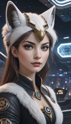 1girl,solo,long hair,breasts,looking at viewer,brown hair,hat,animal ears,cleavage,brown eyes,jewelry,upper body,earrings,small breasts,parted lips,lips,fur trim,eyelashes,makeup,night,gem,freckles,realistic,nose,red lips,animal hat,medium breasts,artist name,signature,necklace,blurry,wolf ears,lipstick,portrait