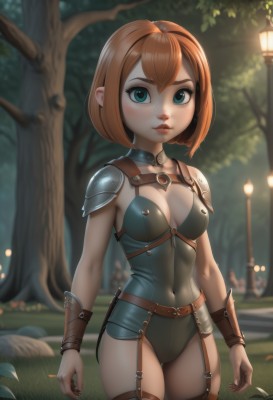 1girl,solo,breasts,looking at viewer,short hair,bangs,blue eyes,brown hair,thighhighs,cleavage,medium breasts,green eyes,standing,cowboy shot,small breasts,outdoors,choker,belt,artist name,armor,blurry,aqua eyes,leotard,tree,lips,fingernails,covered navel,depth of field,blurry background,garter straps,bob cut,grass,shoulder armor,nature,forest,freckles,pauldrons,arms at sides,vambraces,brown thighhighs,blush