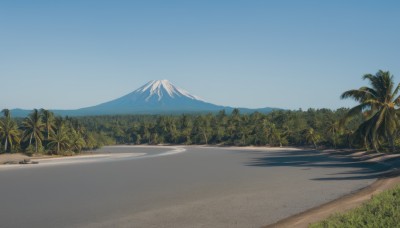 outdoors,sky,day,tree,blue sky,no humans,shadow,beach,grass,nature,scenery,motor vehicle,forest,mountain,sand,palm tree,road,landscape,mountainous horizon,signature,water,ocean,bush,shore,hill,mount fuji