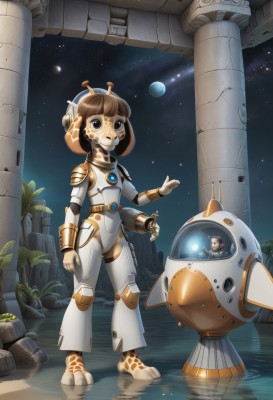 1girl,solo,short hair,brown hair,brown eyes,standing,full body,outdoors,sky,barefoot,water,armor,night,moon,helmet,plant,robot,star (sky),mecha,wading,starry sky,reflection,science fiction,android,joints,space,giant,ruins,giantess,planet,pillar,robot joints,alien,spacecraft,shooting star,spacesuit,space helmet,1boy,headgear,furry,furry female,dirty,astronaut