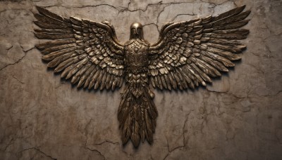 solo,full body,wings,armor,no humans,glowing,helmet,feathered wings,brown background,crack,multiple wings,brown theme,lying,on back,shadow,from above,feathers,1other,angel wings,helm,stone floor,brown wings