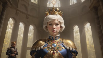 1girl,looking at viewer,short hair,blue eyes,blonde hair,long sleeves,1boy,dress,jewelry,closed mouth,upper body,white hair,earrings,solo focus,puffy sleeves,indoors,armor,lips,window,makeup,blue dress,crossed arms,crown,lipstick,shoulder armor,gem,gold trim,red lips,weapon,uniform,realistic,church,arch