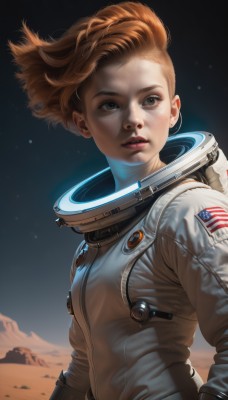 1girl,solo,breasts,looking at viewer,short hair,brown hair,brown eyes,upper body,parted lips,sky,teeth,signature,orange hair,lips,looking to the side,floating hair,wind,star (sky),starry sky,freckles,science fiction,realistic,nose,space,planet,american flag,spacesuit,space helmet,astronaut,outdoors,makeup,lipstick,looking afar,dirty,desert,american flag print