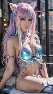 1girl,solo,long hair,breasts,looking at viewer,bangs,thighhighs,gloves,navel,animal ears,cleavage,bare shoulders,brown eyes,jewelry,medium breasts,sitting,closed mouth,pink hair,white hair,multicolored hair,cat ears,armor,blurry,two-tone hair,lips,makeup,blurry background,fake animal ears,science fiction,realistic,bikini armor,mechanical ears,blue hair,swimsuit,bikini,indoors,grey eyes,armlet,cyberpunk