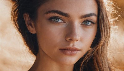 1girl,solo,long hair,looking at viewer,blue eyes,brown hair,black hair,closed mouth,lips,grey eyes,eyelashes,expressionless,portrait,close-up,realistic,nose,eye focus,brown background