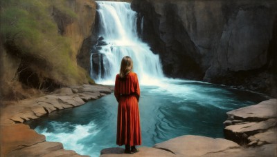 HQ,1girl,solo,long hair,skirt,blonde hair,brown hair,long sleeves,dress,standing,boots,water,from behind,tree,red dress,nature,scenery,robe,rock,facing away,river,waterfall,cliff