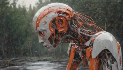 1girl,solo,upper body,outdoors,from side,lips,orange eyes,no humans,profile,robot,nature,mecha,1other,forest,science fiction,rain,realistic,android,cable,looking ahead,power armor,wire,humanoid robot,blurry,tree,blurry background,glowing,looking down,close-up,machinery,joints,damaged,robot joints,mechanical parts