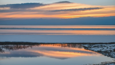 outdoors,sky,cloud,water,tree,blue sky,no humans,cloudy sky,nature,scenery,forest,reflection,sunset,mountain,horizon,river,evening,landscape,mountainous horizon,lake,gradient sky,orange sky,reflective water,day,grass,snow