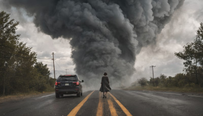 1girl, solo, short hair, black hair, 1boy, outdoors, sky, cloud, from behind, tree, cloudy sky, ground vehicle, scenery, motor vehicle, walking, car, road, power lines, street, utility pole, crosswalk