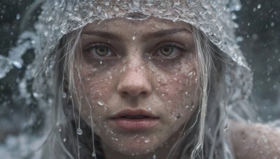 1girl,solo,long hair,looking at viewer,brown eyes,grey hair,parted lips,artist name,water,blurry,lips,eyelashes,blurry background,portrait,snow,close-up,freckles,snowing,realistic,nose,yellow eyes,white hair,hood,wet,depth of field,hood up,rain,water drop