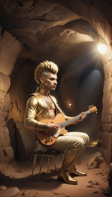 solo,short hair,blonde hair,1boy,jewelry,sitting,jacket,male focus,earrings,open clothes,shoes,pants,necklace,instrument,realistic,music,guitar,light,stool,playing instrument,full body,vest,tattoo,topless male,lamp,mohawk