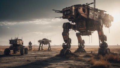 weapon,outdoors,multiple boys,sky,cloud,gun,military,no humans,cloudy sky,robot,scenery,mecha,machinery,science fiction,realistic,sand,cannon,multiple others,dirty,soldier,desert,dust,non-humanoid robot,day,sunlight,ground vehicle,motor vehicle,sun