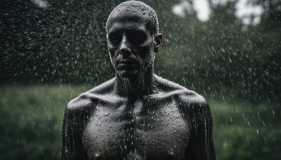 solo,looking at viewer,1boy,collarbone,upper body,male focus,outdoors,blurry,wet,blurry background,rain,realistic,bald,closed mouth,nipples,muscular,parody,pectorals,facing viewer