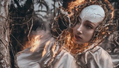 1girl,solo,upper body,parted lips,blurry,lips,grey eyes,blurry background,chain,fire,realistic,crack,burning,looking at viewer,short hair,orange hair,black eyes,tree,portrait,freckles,branch