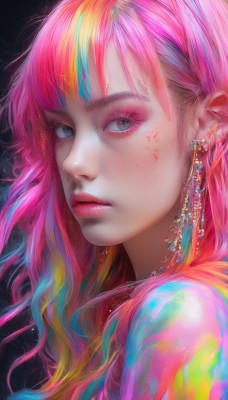 1girl,solo,long hair,looking at viewer,bangs,jewelry,closed mouth,upper body,pink hair,multicolored hair,earrings,parted lips,from side,lips,streaked hair,grey eyes,eyelashes,blood,gradient hair,makeup,piercing,lipstick,portrait,eyeshadow,freckles,pink lips,realistic,nose,red lips,eyeliner,colorful,mascara,rainbow hair,blue eyes,artist name,orange hair,aqua hair,watermark,black background,gem,ear piercing