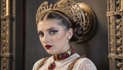 1girl,solo,looking at viewer,smile,short hair,black hair,dress,brown eyes,jewelry,closed mouth,upper body,earrings,hair bun,blurry,lips,grey eyes,eyelashes,makeup,blurry background,single hair bun,crown,lipstick,gem,portrait,eyeshadow,red lips,mascara,yellow eyes,lace trim,lace,gold trim,realistic,hair pulled back