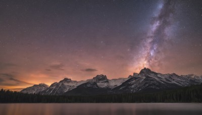 outdoors,sky,cloud,tree,no humans,night,grass,star (sky),nature,night sky,scenery,starry sky,reflection,sunset,mountain,landscape,mountainous horizon,lake,gradient sky,water,milky way