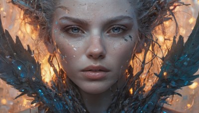 1girl,solo,looking at viewer,short hair,blue eyes,closed mouth,wings,artist name,blurry,lips,grey eyes,eyelashes,blurry background,portrait,close-up,freckles,realistic,nose,parted lips,glowing,bird,watermark,expressionless,web address,light particles,straight-on