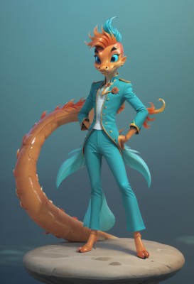 1girl,solo,long hair,looking at viewer,smile,blue eyes,shirt,jewelry,standing,jacket,tail,full body,white shirt,red hair,open clothes,pants,orange hair,high heels,blue background,formal,suit,monster girl,furry,personification,colored sclera,hands on hips,furry female,blue pants,faux figurine,lizard tail,breasts,simple background,long sleeves,animal ears,closed mouth,blue hair,flower,multicolored hair,small breasts,teeth,artist name,two-tone hair,open jacket,gradient,gradient background,buttons,brown footwear,blue jacket,multiple tails,claws,hands in pockets,blue coat,green pants,snout,two-tone fur,orange footwear,coattails,mohawk,tailcoat,eyebrow piercing,orange fur