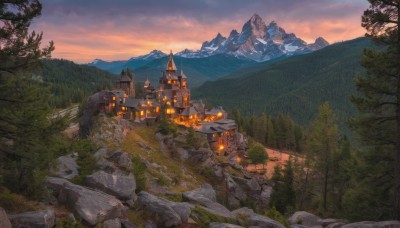 outdoors,sky,cloud,tree,no humans,cloudy sky,grass,building,nature,scenery,forest,sunset,rock,mountain,fantasy,house,bridge,river,castle,evening,landscape,mountainous horizon,cliff,water,architecture