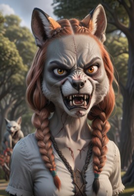 1girl,solo,long hair,breasts,looking at viewer,open mouth,brown hair,shirt,animal ears,brown eyes,jewelry,white shirt,upper body,braid,outdoors,teeth,day,artist name,necklace,blurry,twin braids,tree,orange eyes,torn clothes,fox ears,blood,depth of field,blurry background,fangs,sharp teeth,hair over shoulder,angry,furry,injury,blood on face,furry female,stitches,werewolf,collarbone,short sleeves,solo focus,signature,animal,scar,wolf ears,nature,forest,realistic,dirty,zombie,wolf