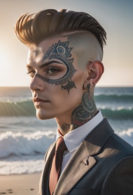 solo,looking at viewer,short hair,brown hair,shirt,black hair,1boy,brown eyes,jewelry,closed mouth,jacket,white shirt,upper body,male focus,earrings,outdoors,necktie,day,collared shirt,water,blurry,lips,black jacket,tattoo,blurry background,ocean,facial mark,beach,piercing,formal,suit,red necktie,ear piercing,portrait,black necktie,nose,facepaint,undercut,facial tattoo,neck tattoo,brown necktie,facial hair,sand,very short hair,eyebrow piercing