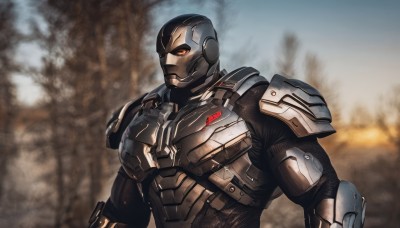 solo,1boy,upper body,weapon,male focus,armor,blurry,mask,blurry background,helmet,science fiction,explosion,power armor,red eyes,orange eyes,muscular,realistic