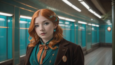 1girl,solo,long hair,looking at viewer,smile,blue eyes,brown hair,shirt,hair ornament,bow,ribbon,jewelry,jacket,upper body,earrings,hairclip,indoors,orange hair,lips,coat,window,makeup,formal,realistic,orange bow,nose,red hair,parted lips,bowtie,blurry,vest,grey eyes,blurry background,freckles,orange bowtie