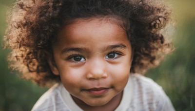 1girl,solo,looking at viewer,smile,brown hair,shirt,brown eyes,white shirt,blurry,lips,blurry background,portrait,freckles,curly hair,realistic,nose,afro,open mouth,black hair,1boy,male focus,close-up