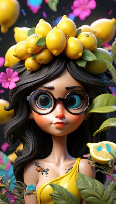 1girl,solo,long hair,breasts,looking at viewer,smile,bangs,blue eyes,black hair,hair ornament,dress,bare shoulders,closed mouth,collarbone,upper body,flower,small breasts,parted lips,food,glasses,sleeveless,artist name,hair flower,blurry,lips,eyelashes,tattoo,makeup,fruit,leaf,watermark,tank top,bug,plant,lipstick,butterfly,web address,strap slip,pink flower,freckles,black-framed eyewear,yellow shirt,yellow flower,nose,on head,red lips,lemon,medium breasts,object on head,food on head