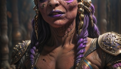 1girl,solo,long hair,breasts,smile,black hair,hair ornament,cleavage,jewelry,collarbone,upper body,purple hair,braid,multicolored hair,teeth,dark skin,armor,blurry,twin braids,two-tone hair,dark-skinned female,lips,tattoo,makeup,blurry background,scar,piercing,lipstick,shoulder armor,portrait,facing viewer,close-up,veins,pauldrons,stitches,purple lips,dreadlocks,chainmail,looking at viewer,artist name,black lips