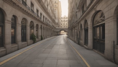 outdoors,sky,day,no humans,window,shadow,sunlight,plant,building,scenery,stairs,city,sign,door,road,cityscape,architecture,lamppost,pillar,street,arch,pavement,vanishing point