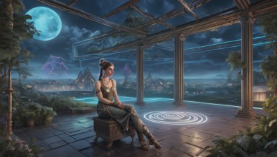 1girl,solo,long hair,breasts,brown hair,black hair,dress,cleavage,bare shoulders,jewelry,medium breasts,sitting,weapon,earrings,sky,sword,cloud,water,necklace,hair bun,bracelet,tree,night,moon,single hair bun,crossed legs,plant,building,star (sky),night sky,scenery,full moon,armlet,starry sky,fantasy,potted plant,architecture,east asian architecture,pillar,hands on lap,hair ornament,outdoors,sleeveless,tattoo