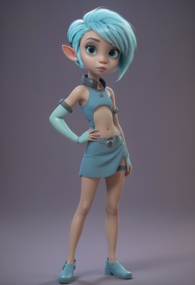 1girl,solo,looking at viewer,short hair,blue eyes,skirt,gloves,navel,bare shoulders,jewelry,blue hair,standing,full body,earrings,shoes,pointy ears,elbow gloves,midriff,belt,dark skin,miniskirt,fingerless gloves,nail polish,flat chest,dark-skinned female,lips,hand on hip,aqua hair,makeup,bridal gauntlets,pencil skirt,thigh strap,child,freckles