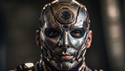 solo,looking at viewer,1boy,brown eyes,closed mouth,male focus,armor,blurry,black eyes,lips,mask,blurry background,helmet,portrait,science fiction,realistic,1girl,robot,close-up,android,gears,cyberpunk