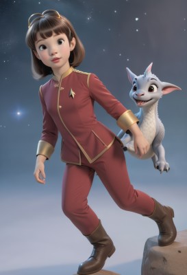 1girl,solo,looking at viewer,smile,short hair,bangs,brown hair,long sleeves,brown eyes,standing,jacket,full body,boots,sky,pants,black eyes,lips,night,holding hands,brown footwear,goggles,star (sky),night sky,red jacket,starry sky,goggles on head,rock,realistic,red pants,pet,open mouth,holding,closed mouth,teeth,claws,creature