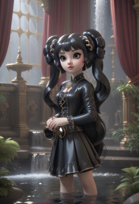 1girl,solo,long hair,breasts,looking at viewer,bangs,skirt,black hair,hair ornament,long sleeves,dress,holding,cleavage,twintails,jewelry,very long hair,closed mouth,standing,earrings,small breasts,parted lips,belt,artist name,indoors,black skirt,water,necklace,black eyes,black dress,lips,eyelashes,window,makeup,cleavage cutout,own hands together,plant,lipstick,curtains,wading,gold trim,nose,red lips,potted plant,pillar,waterfall,weapon,pleated skirt,sword,holding weapon,watermark,holding sword,backlighting,pink lips