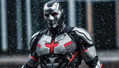 solo,red eyes,1boy,upper body,male focus,armor,blurry,mask,blurry background,helmet,snow,science fiction,snowing,cyborg,power armor,looking at viewer,realistic