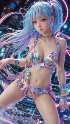 1girl,solo,long hair,breasts,looking at viewer,smile,bangs,hair ornament,gloves,navel,cleavage,bare shoulders,twintails,jewelry,medium breasts,closed mouth,underwear,green eyes,blue hair,standing,collarbone,swimsuit,bikini,multicolored hair,earrings,midriff,belt,artist name,water,necklace,stomach,nail polish,blurry,bracelet,aqua eyes,lips,wet,aqua hair,armlet,wading,realistic,nose,cowboy shot,outdoors,shorts,choker,fingerless gloves,star (symbol),short shorts,night,blurry background,watermark,building,web address,single glove,beads,water drop,pink lips,car,cyberpunk,multicolored bikini,neon lights,bikini shorts