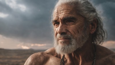 solo,1boy,jewelry,collarbone,upper body,white hair,grey hair,male focus,outdoors,sky,cloud,necklace,blurry,blurry background,facial hair,scar,cloudy sky,portrait,beard,scar on face,topless male,realistic,mustache,scar across eye,manly,old,old man,smile,closed mouth,day,wrinkled skin