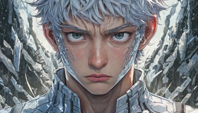 solo,looking at viewer,short hair,bangs,blue eyes,1boy,closed mouth,white hair,male focus,lips,grey eyes,eyelashes,portrait,close-up,science fiction,serious,realistic,nose,straight-on,chain,expressionless