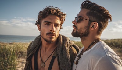 short hair,brown hair,shirt,black hair,brown eyes,jewelry,jacket,white shirt,upper body,male focus,outdoors,multiple boys,open clothes,sky,glasses,day,cloud,dark skin,2boys,necklace,blurry,looking at another,blue sky,lips,blurry background,facial hair,sunglasses,dark-skinned male,beard,eye contact,brown jacket,realistic,round eyewear,mustache,stubble,leather,field,undercut,chest hair,leather jacket,tooth necklace,aviator sunglasses,closed mouth,scarf,ocean,scar,beach,horizon