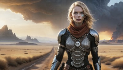 HQ,1girl,solo,long hair,looking at viewer,blue eyes,blonde hair,jewelry,upper body,outdoors,sky,cloud,necklace,scarf,armor,lips,facial mark,wind,shoulder armor,pauldrons,sunset,breastplate,mountain,realistic,nose,desert,chainmail,day,sunlight,cloudy sky,fire,scenery,smoke,red scarf,dirty