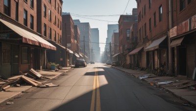 outdoors,sky,day,cloud,tree,no humans,window,ground vehicle,building,scenery,motor vehicle,city,sign,car,road,cityscape,power lines,lamppost,street,utility pole,road sign,traffic light,truck,crosswalk,sidewalk,traffic cone,shadow,sunlight