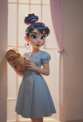 1girl,solo,looking at viewer,blush,smile,short hair,open mouth,blue eyes,black hair,dress,holding,jewelry,blue hair,standing,short sleeves,earrings,food,teeth,puffy sleeves,indoors,hair bun,puffy short sleeves,lips,window,blue dress,single hair bun,holding food,aged down,curtains,child,female child,bread,pie,parted lips,makeup,thick eyebrows,red lips,baguette