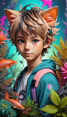 solo,looking at viewer,short hair,bangs,blonde hair,brown hair,shirt,hair ornament,1boy,animal ears,brown eyes,closed mouth,green eyes,jacket,white shirt,upper body,flower,male focus,open clothes,artist name,cat ears,hood,bag,lips,hoodie,leaf,watermark,backpack,plant,messy hair,extra ears,freckles,fish,nose,male child,cat boy,goldfish,outdoors,animal ear fluff,fox ears,animal,thick eyebrows,child,aquarium