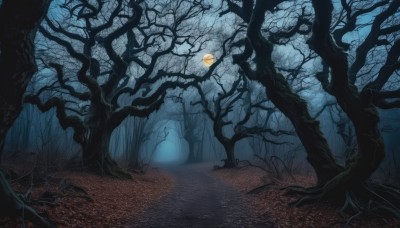 outdoors,sky,tree,no humans,night,moon,nature,night sky,scenery,full moon,forest,bare tree,moonlight,road,dark,fog,path