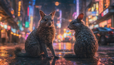 outdoors, blurry, no humans, night, depth of field, blurry background, animal, cat, ground vehicle, building, motor vehicle, reflection, city, realistic, car, road, animal focus, mouse, street, city lights